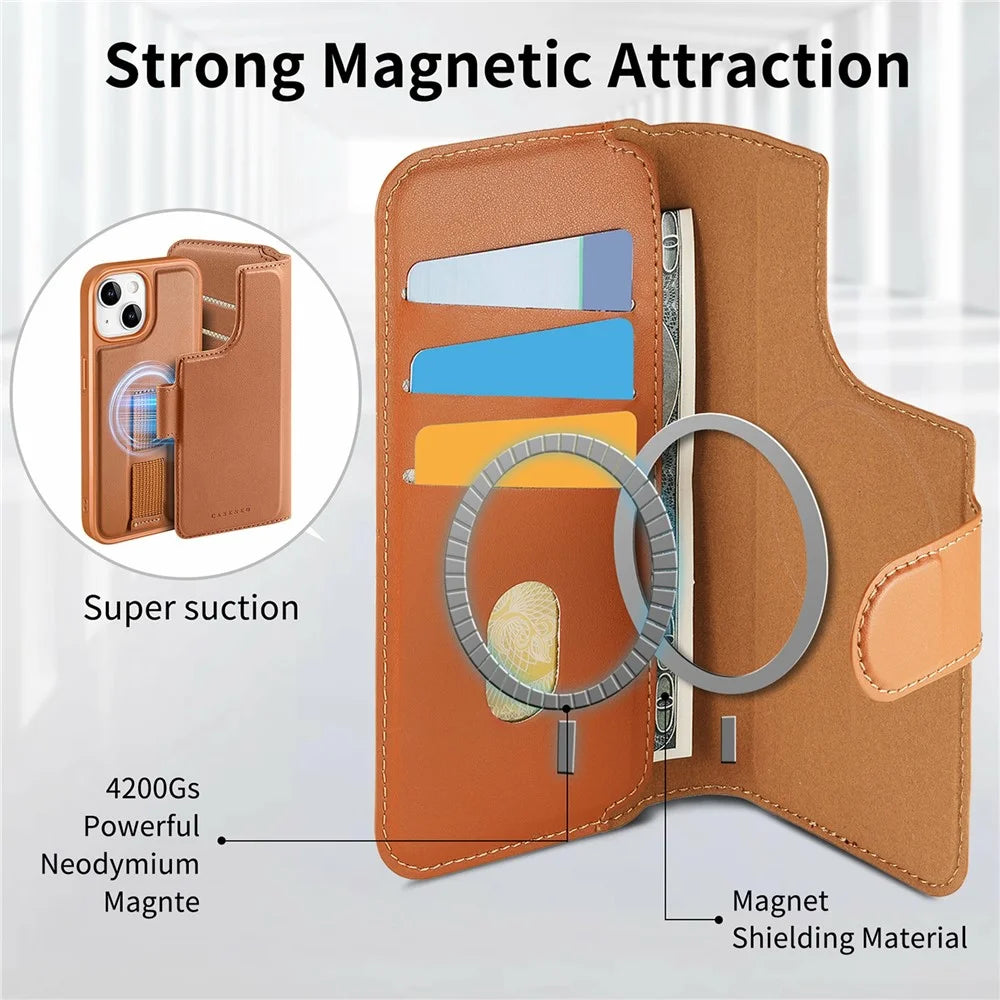 CASENEO For iPhone 15 Magnetic Case RFID Blocking Wallet Detachable Leather Phone Cover with Wristband - Brown - 7