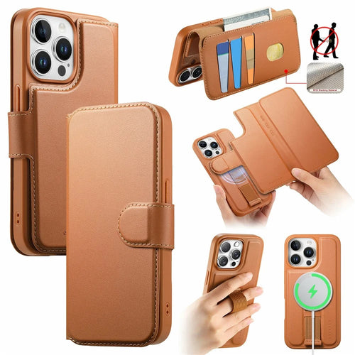CASENEO For iPhone 14 Pro Max Magnetic Case RFID Blocking Wallet Detachable Leather Phone Cover with Wristband - Brown - 1