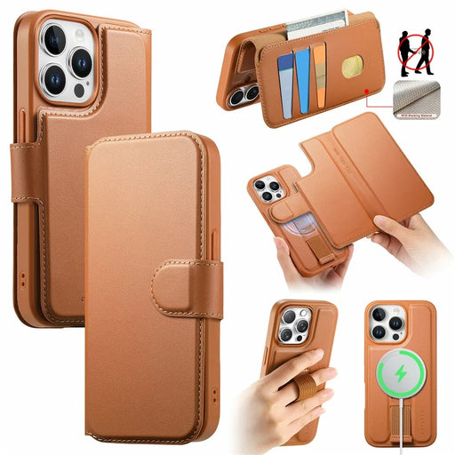 CASENEO For iPhone 14 Pro Max Magnetic Case RFID Blocking Wallet Detachable Leather Phone Cover with Wristband - Brown - 1