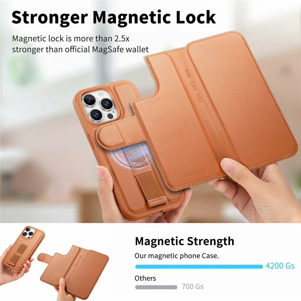 CASENEO For iPhone 14 Pro Max Magnetic Case RFID Blocking Wallet Detachable Leather Phone Cover with Wristband - Brown - 6