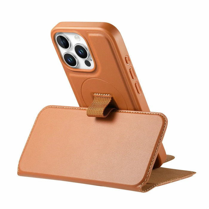 CASENEO For iPhone 14 Pro Magnetic Case RFID Blocking Wallet Detachable Leather Phone Cover with Wristband - Brown - 4