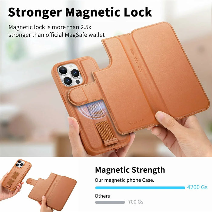 CASENEO For iPhone 14 Pro Magnetic Case RFID Blocking Wallet Detachable Leather Phone Cover with Wristband - Brown - 6