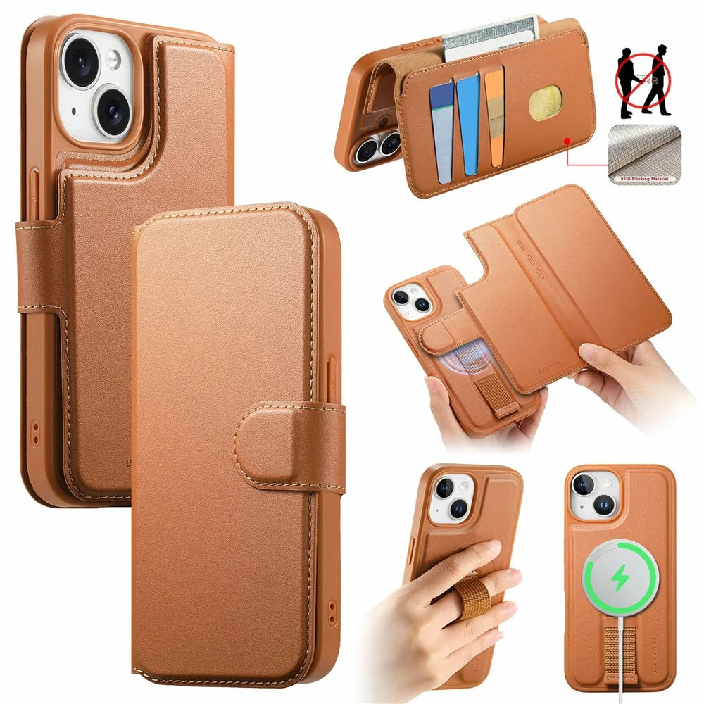 CASENEO For iPhone 14 Magnetic Case RFID Blocking Wallet Detachable Leather Phone Cover with Wristband - Brown - 1