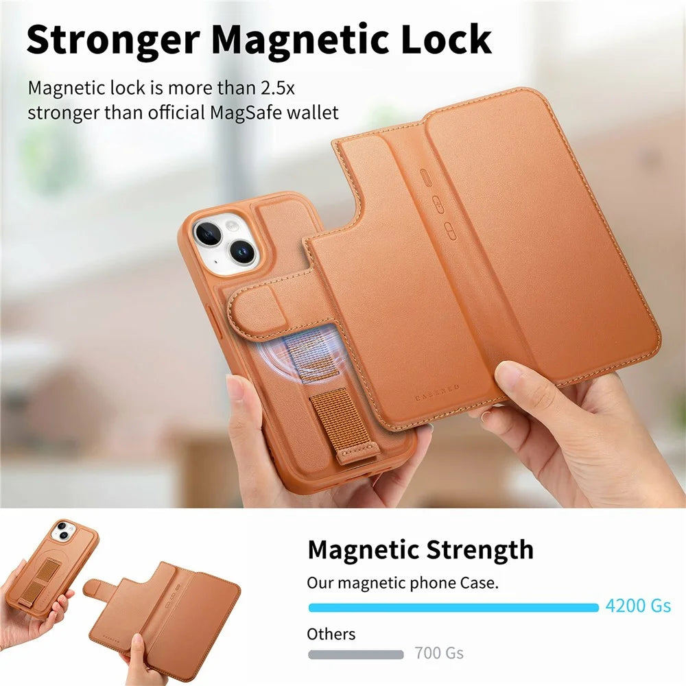 CASENEO For iPhone 14 Magnetic Case RFID Blocking Wallet Detachable Leather Phone Cover with Wristband - Brown - 6