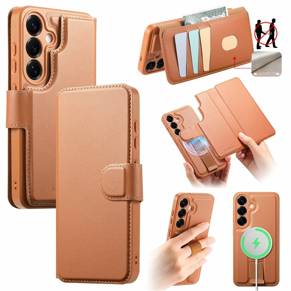 CASENEO For Samsung Galaxy S25+ Magnetic Case RFID Blocking Wallet Detachable Leather Phone Cover with Wristband - Brown - 1