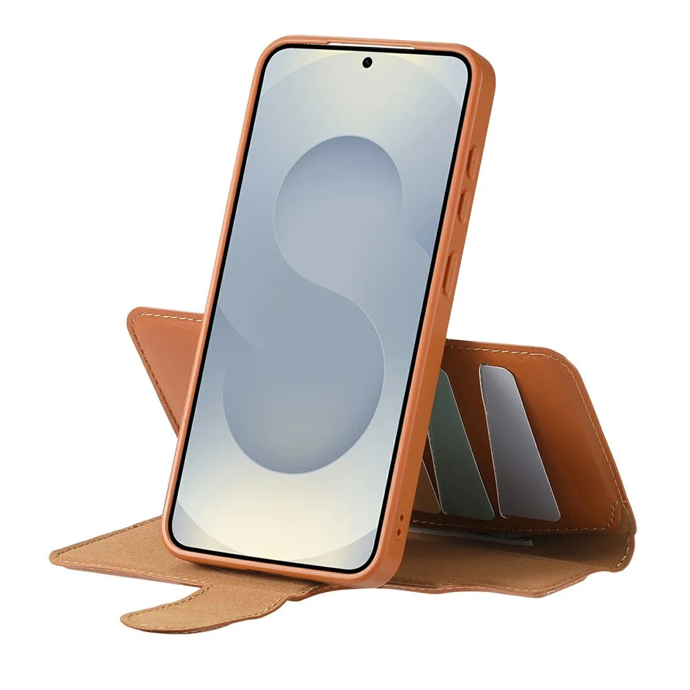 CASENEO For Samsung Galaxy S25+ Magnetic Case RFID Blocking Wallet Detachable Leather Phone Cover with Wristband - Brown - 3