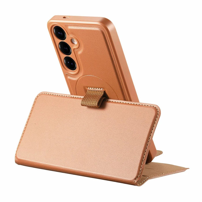 CASENEO For Samsung Galaxy S25+ Magnetic Case RFID Blocking Wallet Detachable Leather Phone Cover with Wristband - Brown - 4