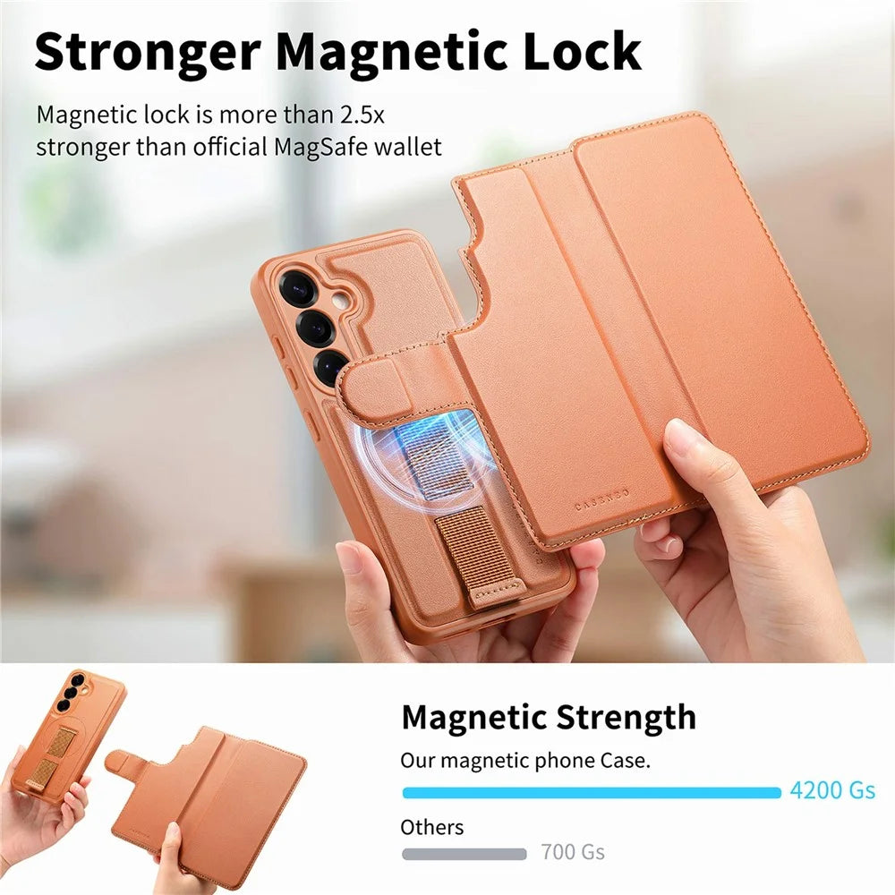 CASENEO For Samsung Galaxy S25+ Magnetic Case RFID Blocking Wallet Detachable Leather Phone Cover with Wristband - Brown - 6
