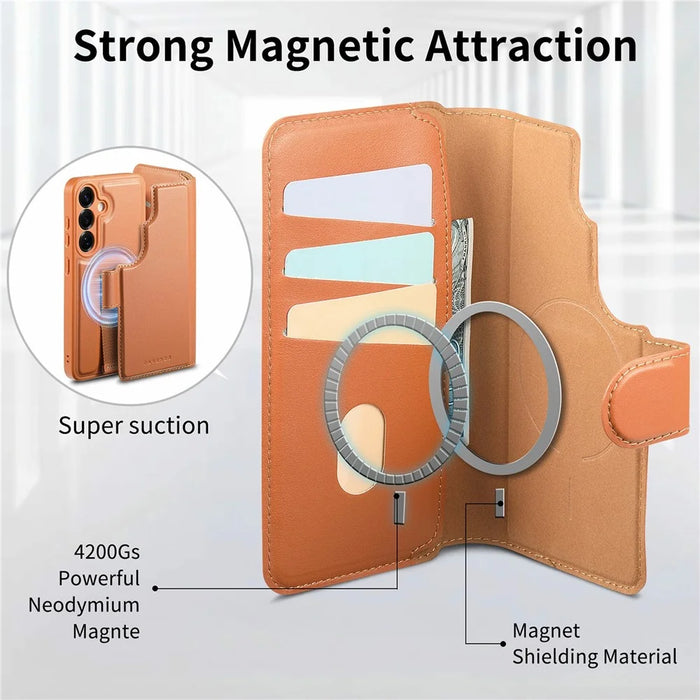 CASENEO For Samsung Galaxy S25+ Magnetic Case RFID Blocking Wallet Detachable Leather Phone Cover with Wristband - Brown - 7