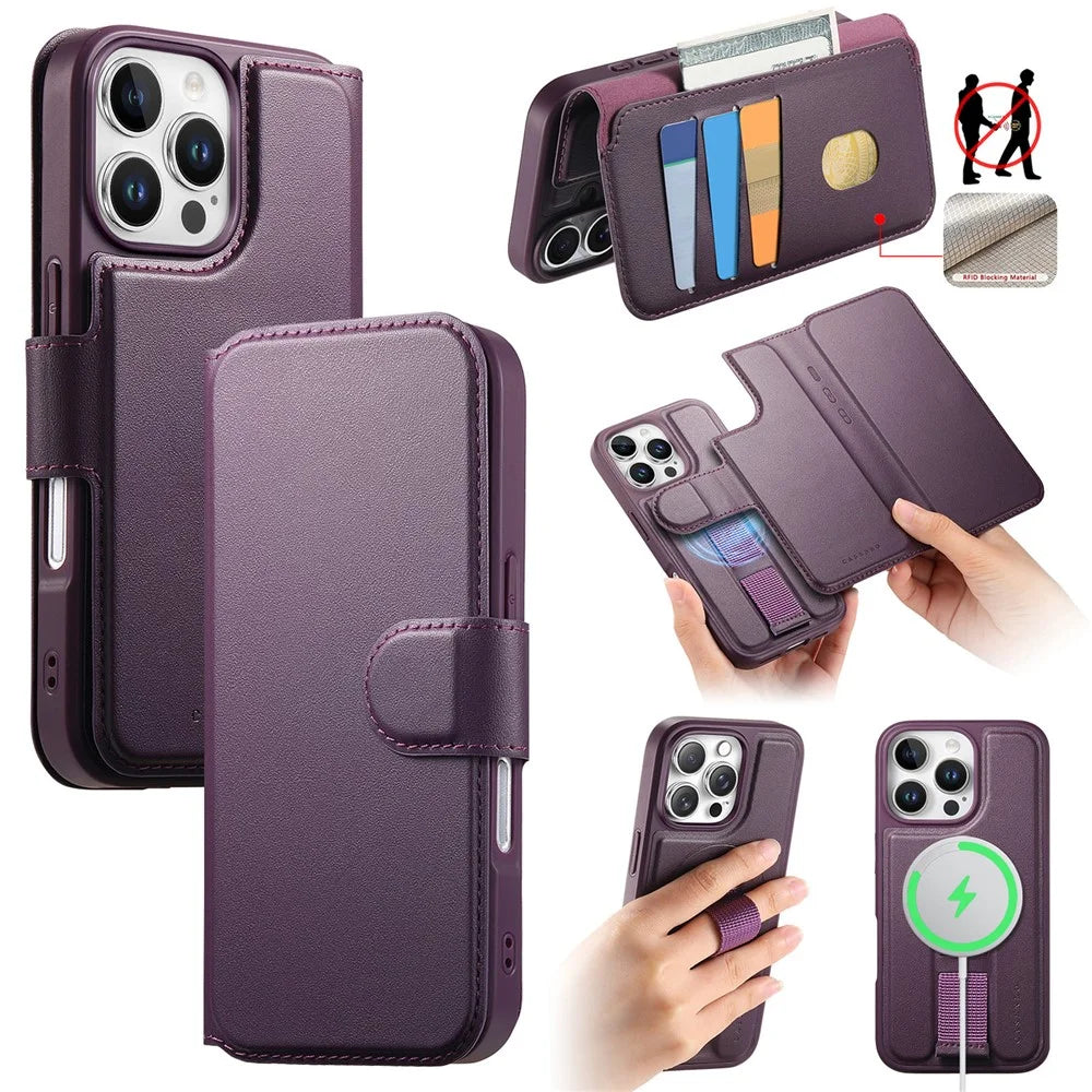 CASENEO For iPhone 16 Pro Magnetic Case RFID Blocking Wallet Detachable Leather Phone Cover with Wristband - Purple - 1