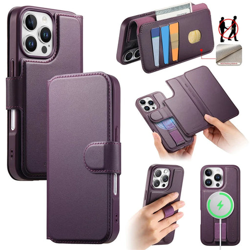 CASENEO For iPhone 16 Pro Magnetic Case RFID Blocking Wallet Detachable Leather Phone Cover with Wristband - Purple - 1
