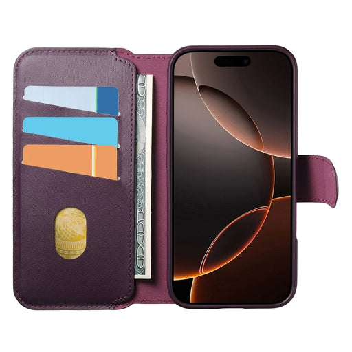 CASENEO For iPhone 16 Pro Magnetic Case RFID Blocking Wallet Detachable Leather Phone Cover with Wristband - Purple - 2