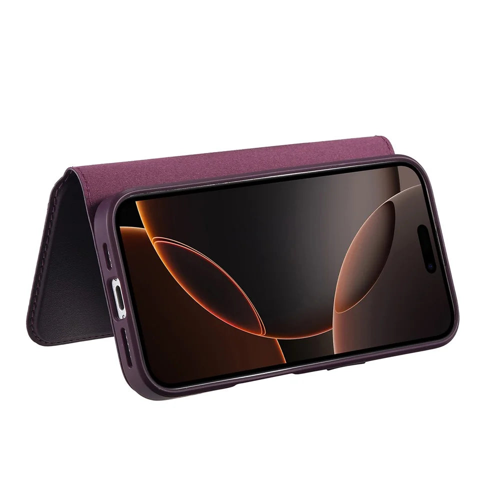 CASENEO For iPhone 16 Pro Magnetic Case RFID Blocking Wallet Detachable Leather Phone Cover with Wristband - Purple - 3