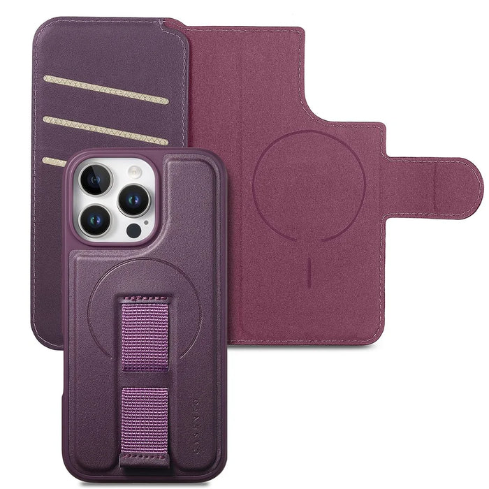 CASENEO For iPhone 16 Pro Magnetic Case RFID Blocking Wallet Detachable Leather Phone Cover with Wristband - Purple - 4