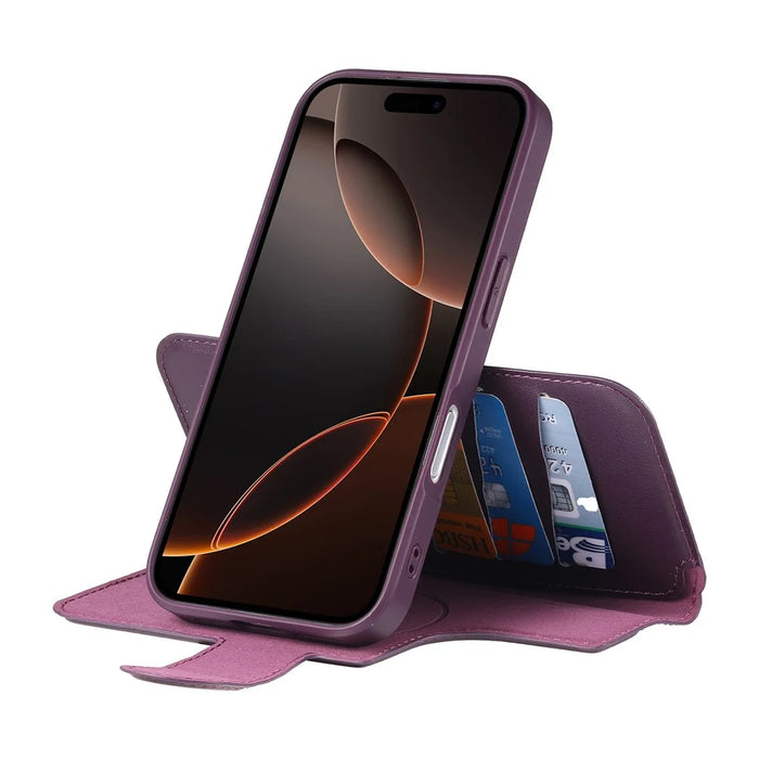 CASENEO For iPhone 16 Pro Magnetic Case RFID Blocking Wallet Detachable Leather Phone Cover with Wristband - Purple - 5