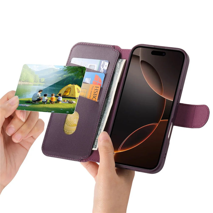 CASENEO For iPhone 16 Pro Magnetic Case RFID Blocking Wallet Detachable Leather Phone Cover with Wristband - Purple - 6