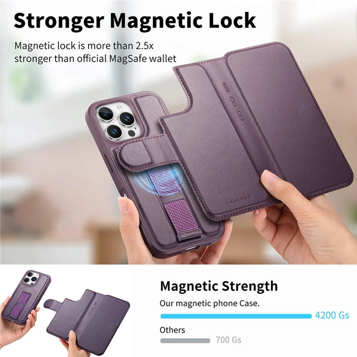 CASENEO For iPhone 16 Pro Magnetic Case RFID Blocking Wallet Detachable Leather Phone Cover with Wristband - Purple - 7