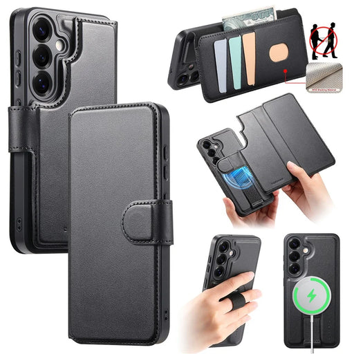 CASENEO For Samsung Galaxy S25 Magnetic Case RFID Blocking Wallet Detachable Leather Phone Cover with Wristband - Black - 1