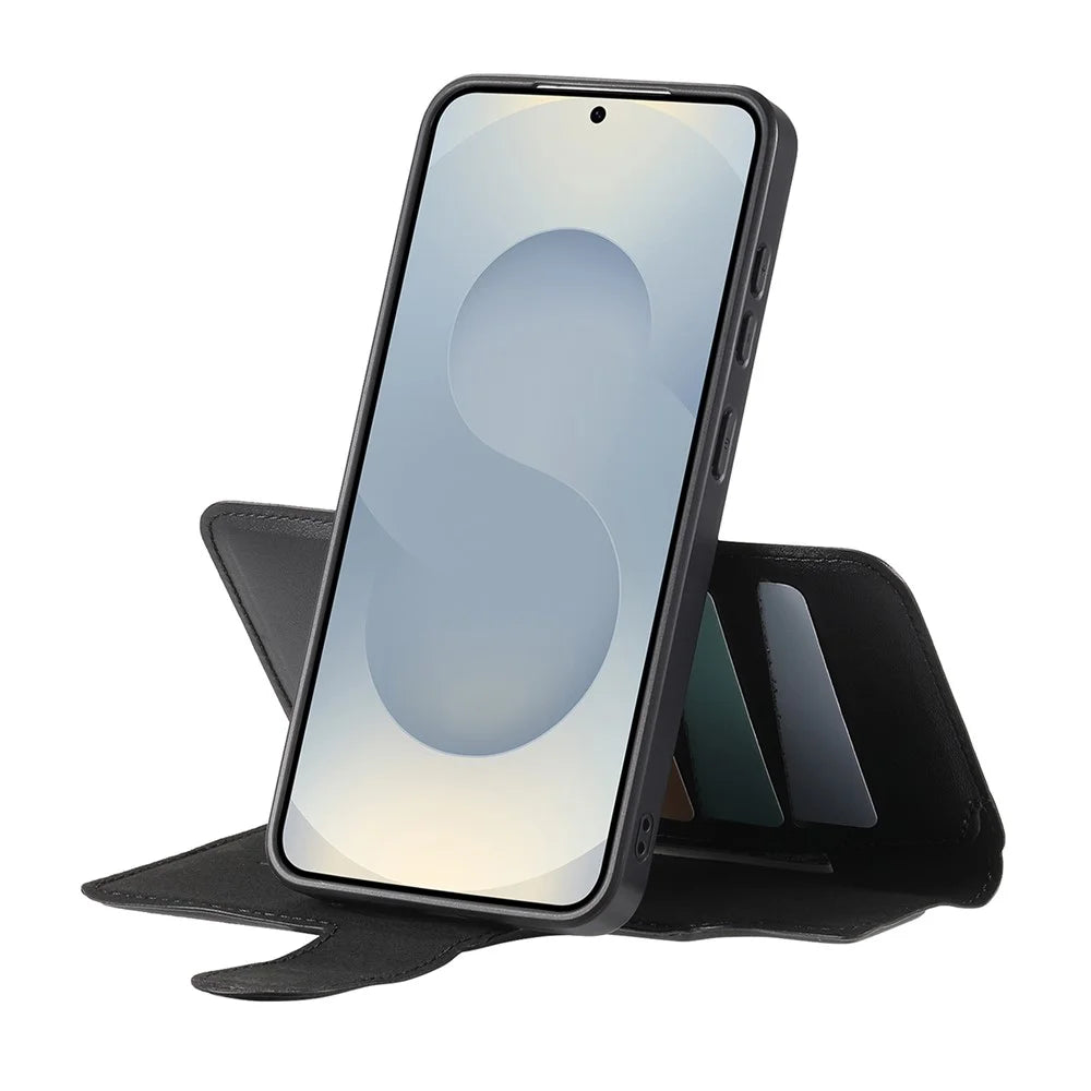 CASENEO For Samsung Galaxy S25 Magnetic Case RFID Blocking Wallet Detachable Leather Phone Cover with Wristband - Black - 5