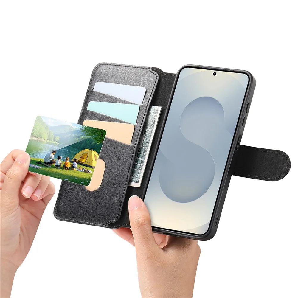 CASENEO For Samsung Galaxy S25 Magnetic Case RFID Blocking Wallet Detachable Leather Phone Cover with Wristband - Black - 6