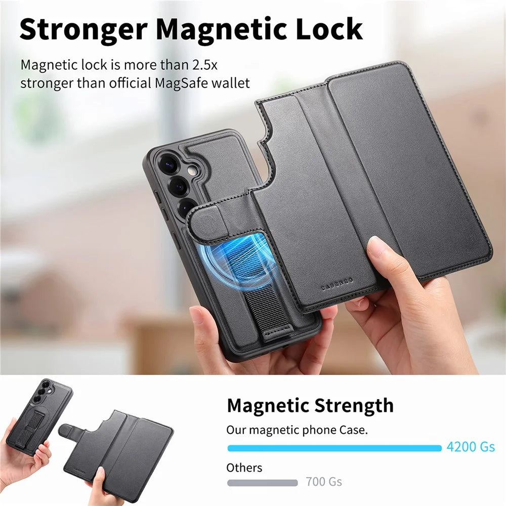 CASENEO For Samsung Galaxy S25 Magnetic Case RFID Blocking Wallet Detachable Leather Phone Cover with Wristband - Black - 7