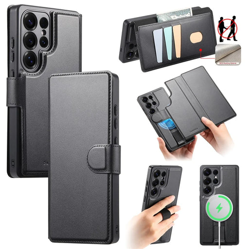 CASENEO For Samsung Galaxy S25 Ultra Magnetic Case RFID Blocking Wallet Detachable Leather Phone Cover with Wristband - Black - 1