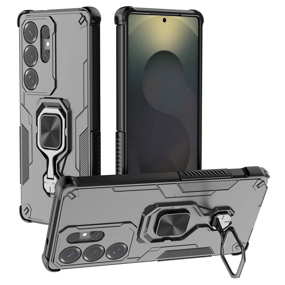 For Samsung Galaxy S25 Ultra Case Rotatable Ring Kickstand PC + TPU Shockproof Phone Cover - Black - 1