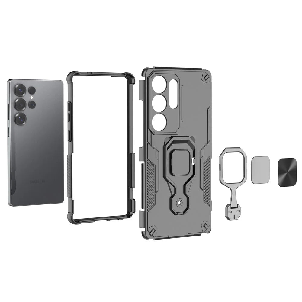 For Samsung Galaxy S25 Ultra Case Rotatable Ring Kickstand PC + TPU Shockproof Phone Cover - Black - 6