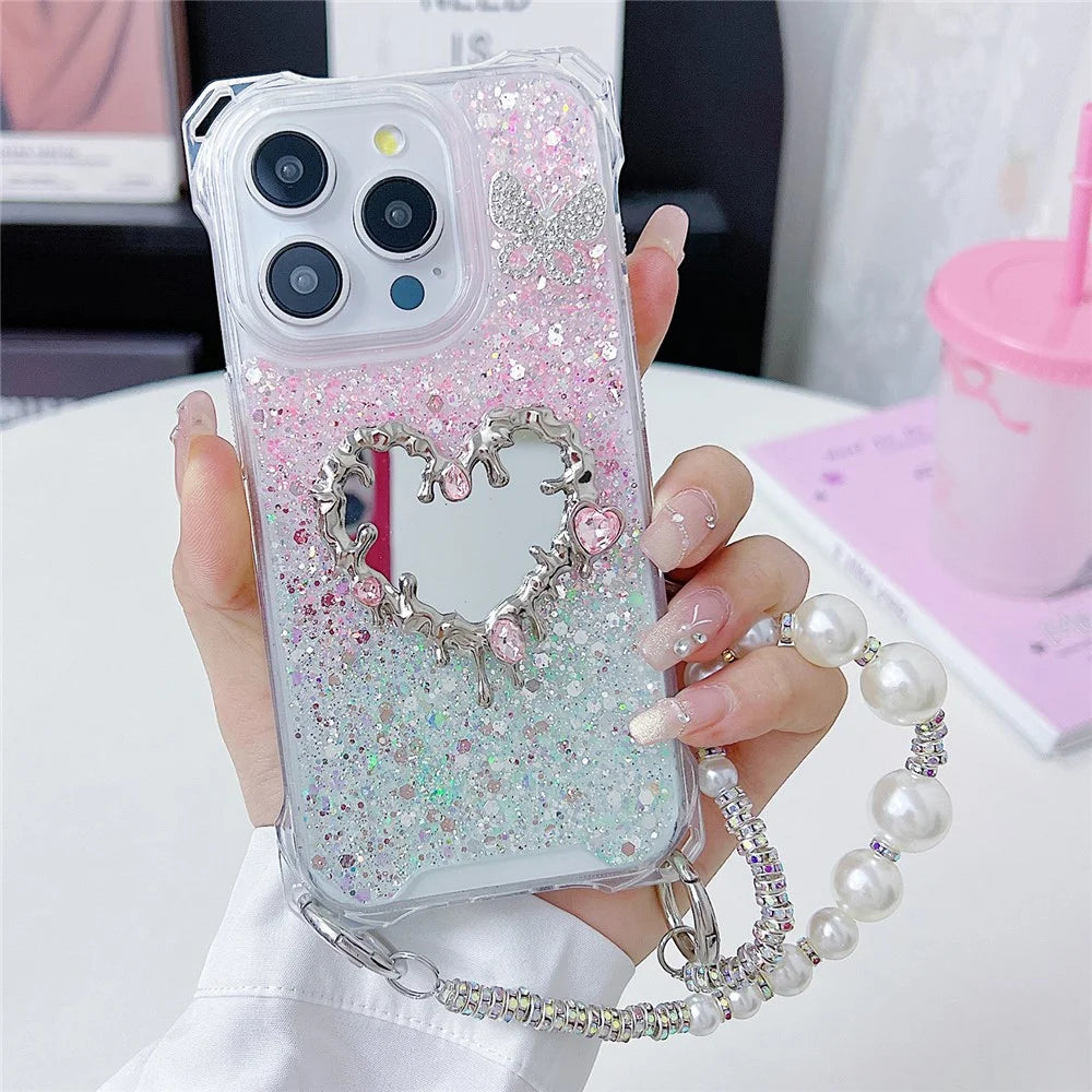 For iPhone 15 Pro Case with Strap, Mirror Epoxy Glitter TPU + Acrylic Phone Back Cover - Pink  /  Green - 1