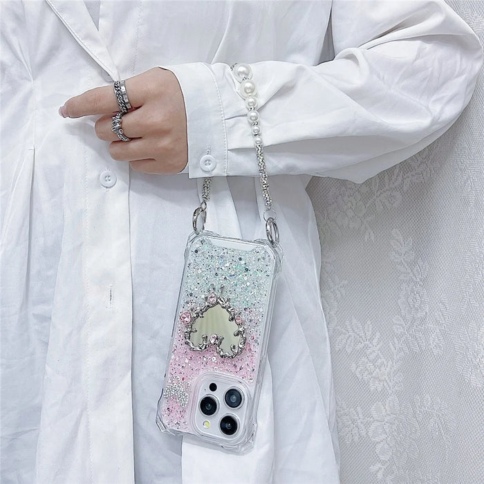 For iPhone 15 Pro Case with Strap, Mirror Epoxy Glitter TPU + Acrylic Phone Back Cover - Pink  /  Green - 2