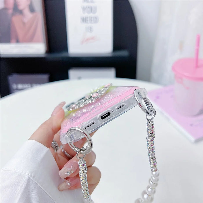 For iPhone 15 Pro Case with Strap, Mirror Epoxy Glitter TPU + Acrylic Phone Back Cover - Pink  /  Green - 4