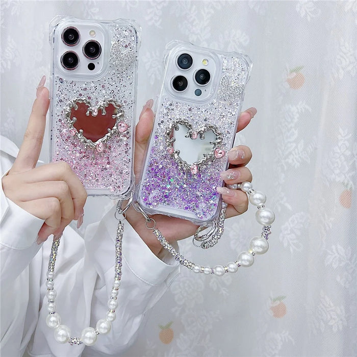 For iPhone 15 Pro Case with Strap, Mirror Epoxy Glitter TPU + Acrylic Phone Back Cover - Pink  /  Green - 6
