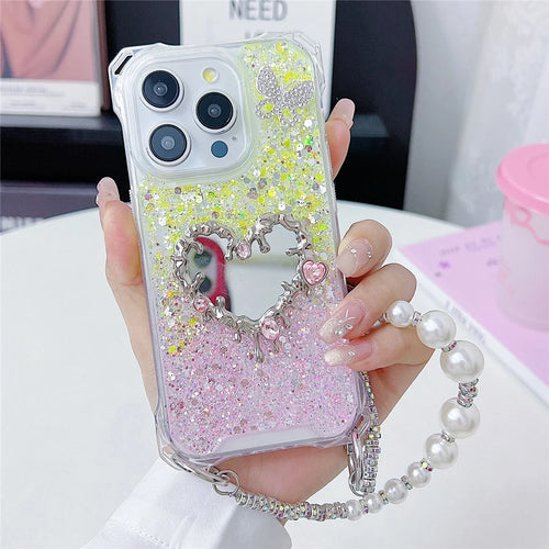 For iPhone 15 Pro Max Case with Strap, Mirror Epoxy Glitter TPU + Acrylic Phone Back Cover - Pink / Yellow - 1