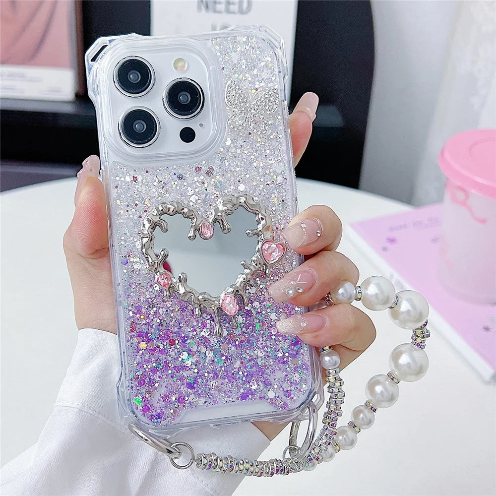 For iPhone 16 Pro Max Case with Strap, Mirror Epoxy Glitter TPU + Acrylic Phone Back Cover - Pink / Purple - 1