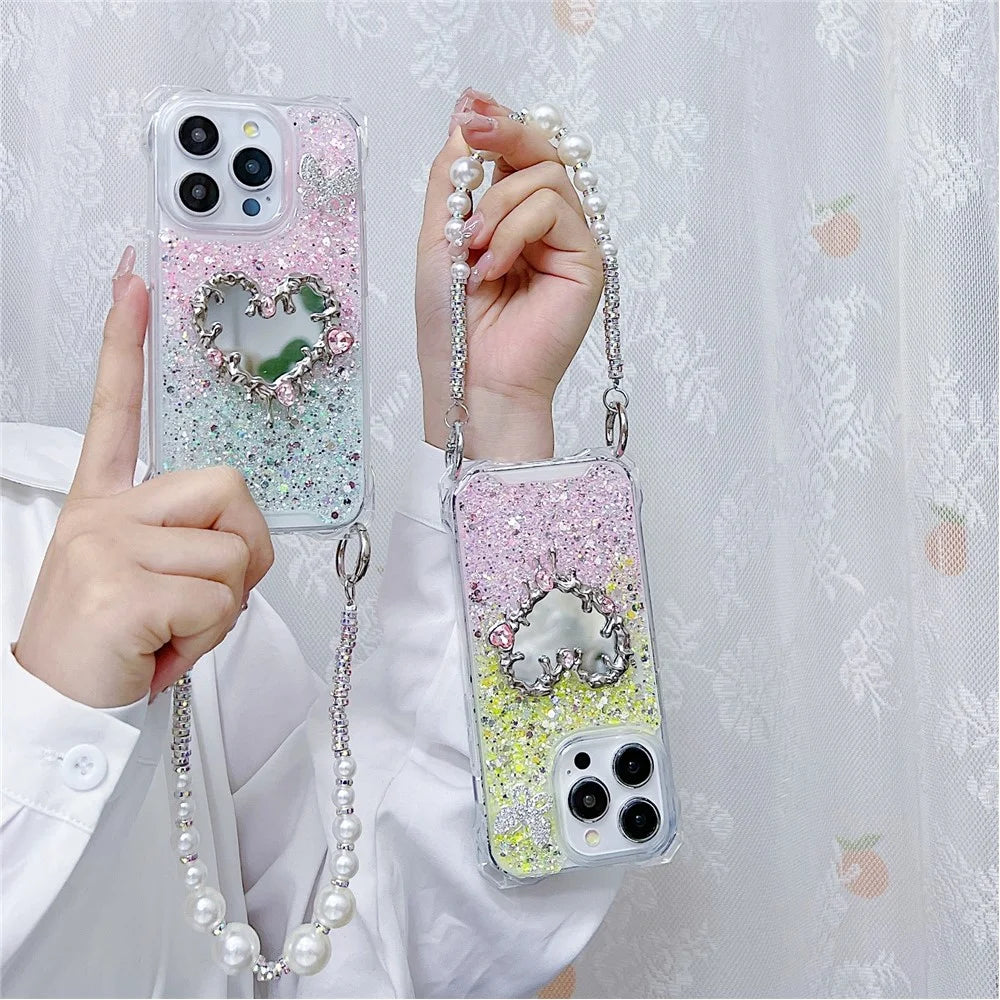 For iPhone 16 Pro Max Case with Strap, Mirror Epoxy Glitter TPU + Acrylic Phone Back Cover - Pink / Purple - 5
