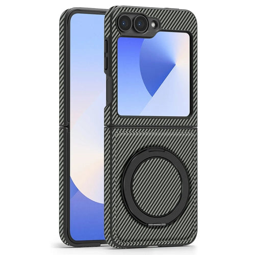 For Samsung Galaxy Z Flip7 FE 5G / Z Flip6 5G Magnetic Case Carbon Fiber Texture PU+TPU Kickstand Phone Cover - Titanium Grey - 1