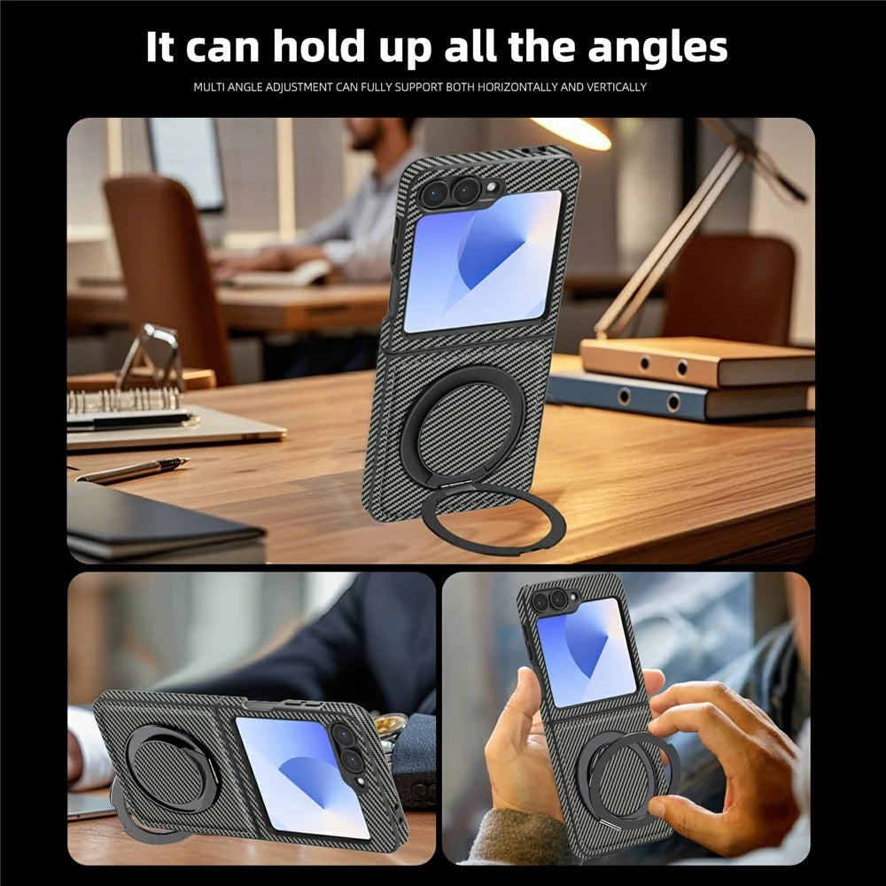 For Samsung Galaxy Z Flip7 FE 5G / Z Flip6 5G Magnetic Case Carbon Fiber Texture PU+TPU Kickstand Phone Cover - Titanium Grey - 3