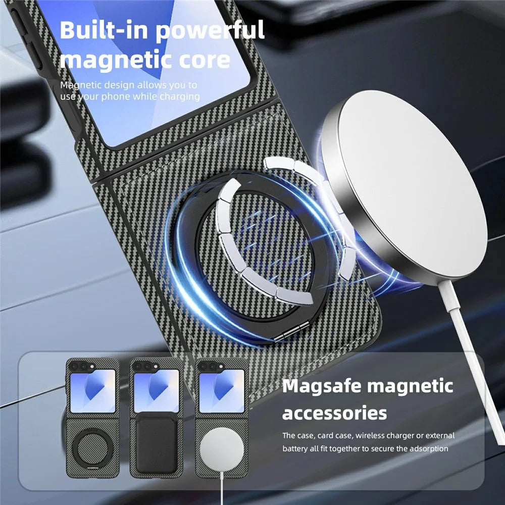 For Samsung Galaxy Z Flip7 FE 5G / Z Flip6 5G Magnetic Case Carbon Fiber Texture PU+TPU Kickstand Phone Cover - Titanium Grey - 4