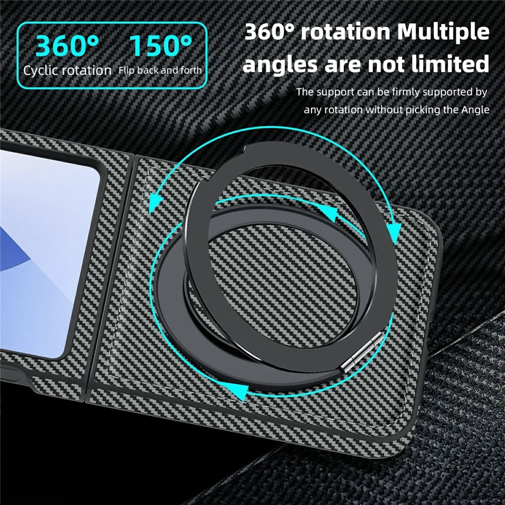 For Samsung Galaxy Z Flip7 FE 5G / Z Flip6 5G Magnetic Case Carbon Fiber Texture PU+TPU Kickstand Phone Cover - Titanium Grey - 5