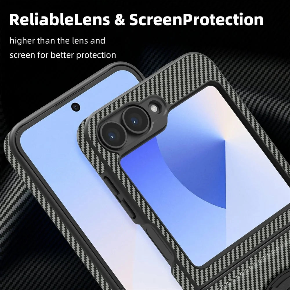 For Samsung Galaxy Z Flip7 FE 5G / Z Flip6 5G Magnetic Case Carbon Fiber Texture PU+TPU Kickstand Phone Cover - Titanium Grey - 6
