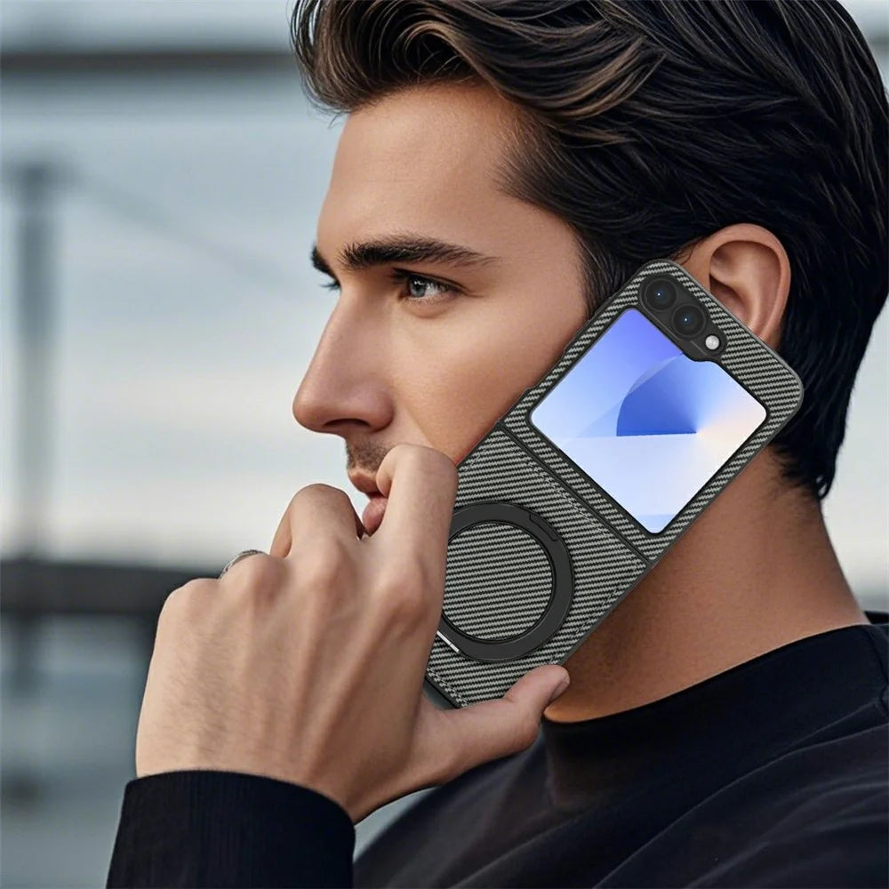 For Samsung Galaxy Z Flip7 FE 5G / Z Flip6 5G Magnetic Case Carbon Fiber Texture PU+TPU Kickstand Phone Cover - Titanium Grey - 7