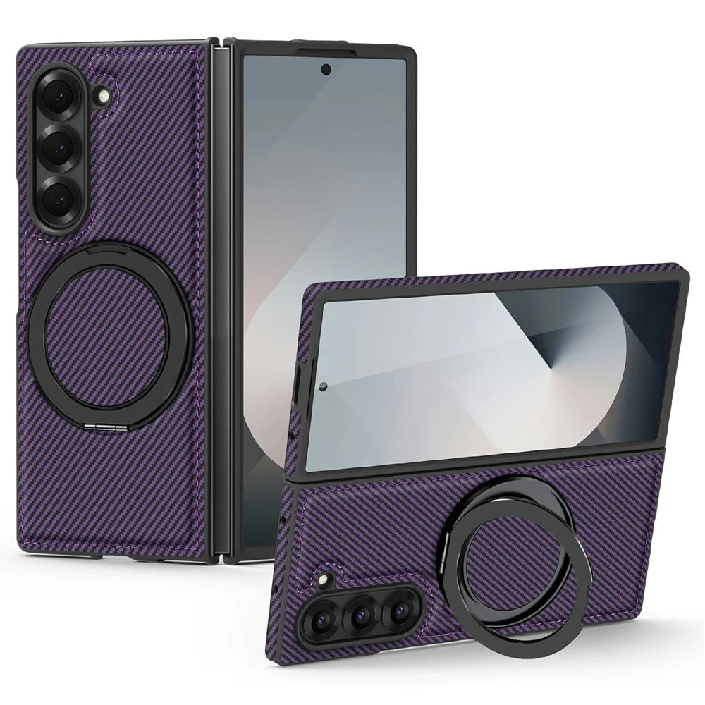 For Samsung Galaxy Z Fold6 5G Magnetic Case Carbon Fiber Texture PU+TPU Kickstand Phone Cover - Dark Purple - 2
