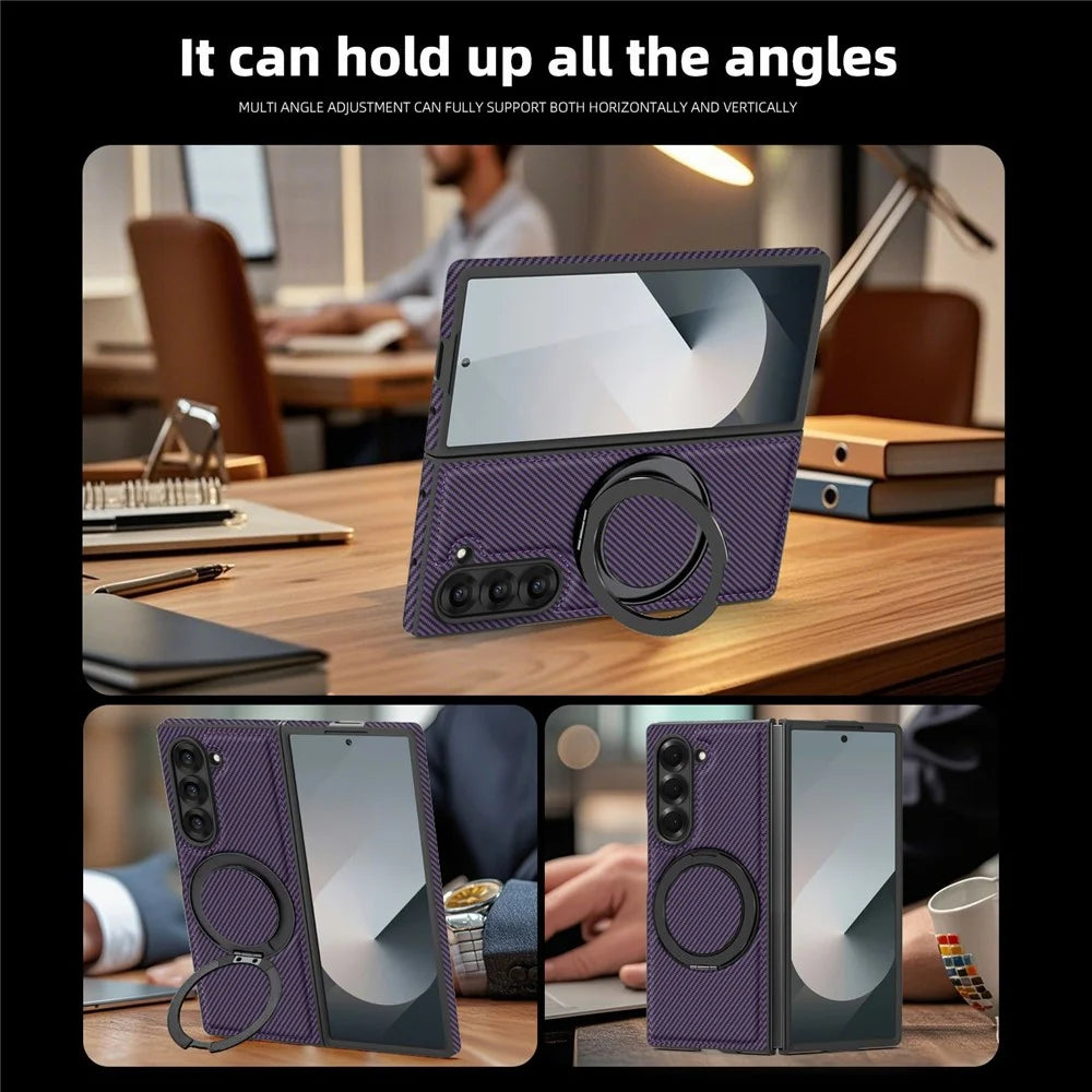 For Samsung Galaxy Z Fold6 5G Magnetic Case Carbon Fiber Texture PU+TPU Kickstand Phone Cover - Dark Purple - 3