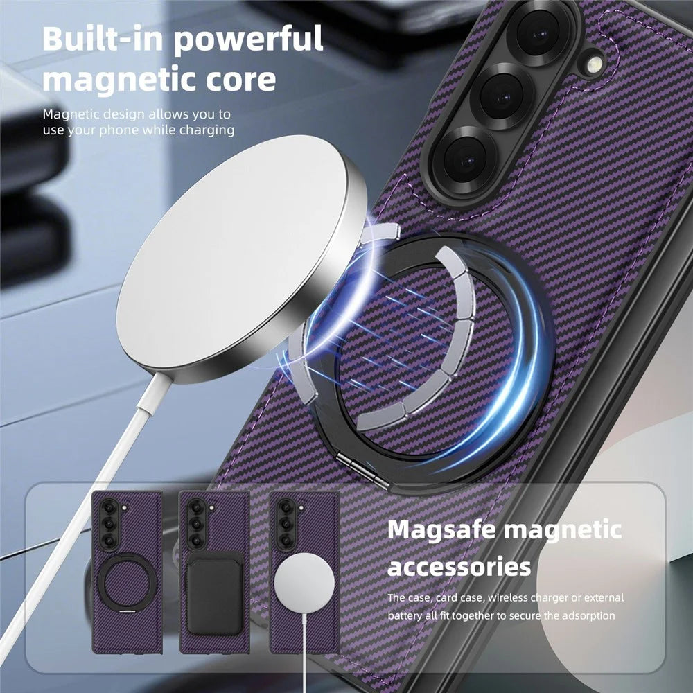 For Samsung Galaxy Z Fold6 5G Magnetic Case Carbon Fiber Texture PU+TPU Kickstand Phone Cover - Dark Purple - 4