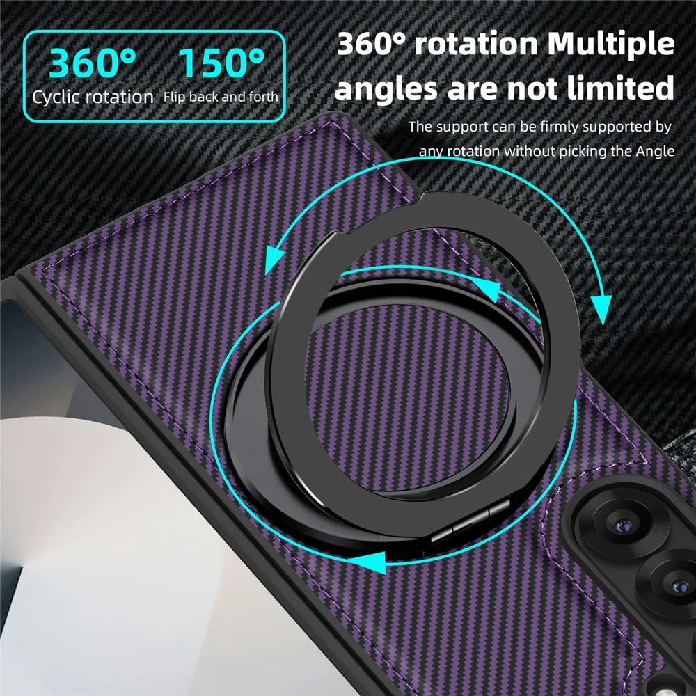 For Samsung Galaxy Z Fold6 5G Magnetic Case Carbon Fiber Texture PU+TPU Kickstand Phone Cover - Dark Purple - 5