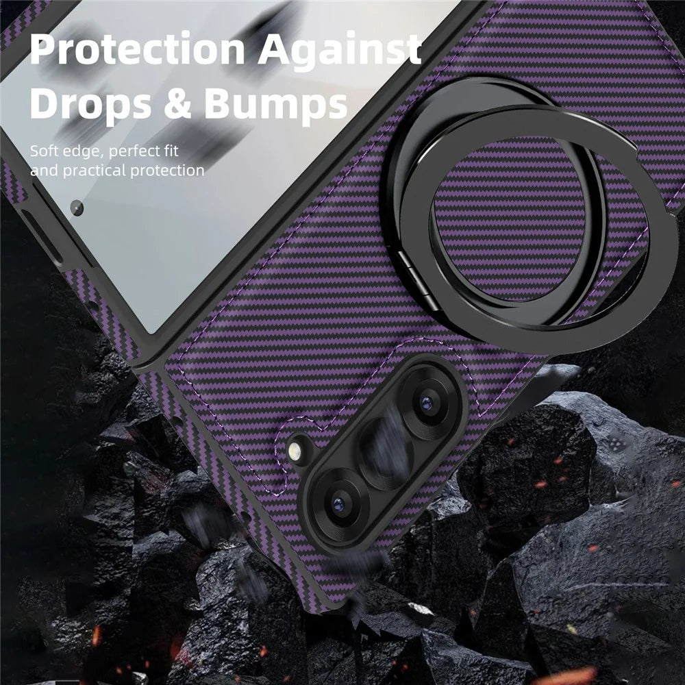 For Samsung Galaxy Z Fold6 5G Magnetic Case Carbon Fiber Texture PU+TPU Kickstand Phone Cover - Dark Purple - 6