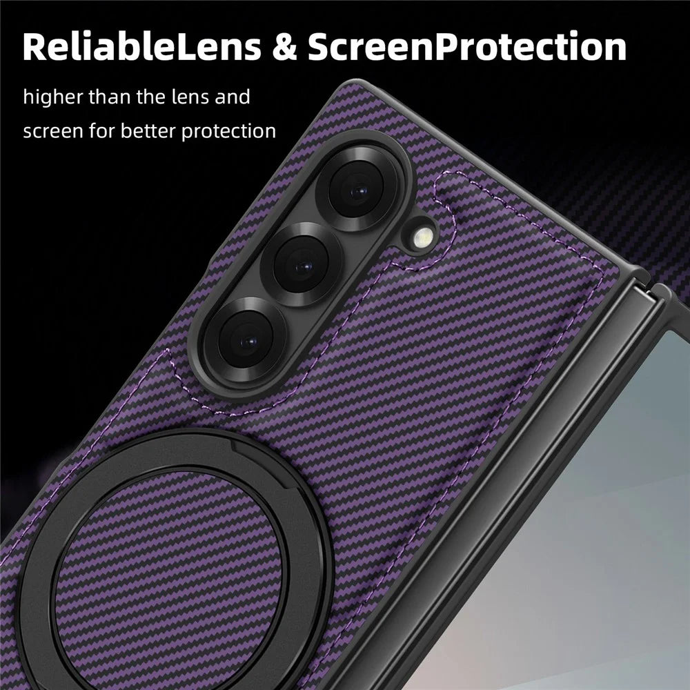 For Samsung Galaxy Z Fold6 5G Magnetic Case Carbon Fiber Texture PU+TPU Kickstand Phone Cover - Dark Purple - 7