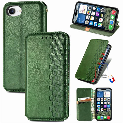 For iPhone 17e / 16e Case Rhombus Imprint PU Leather Wallet Phone Cover - Green - 1