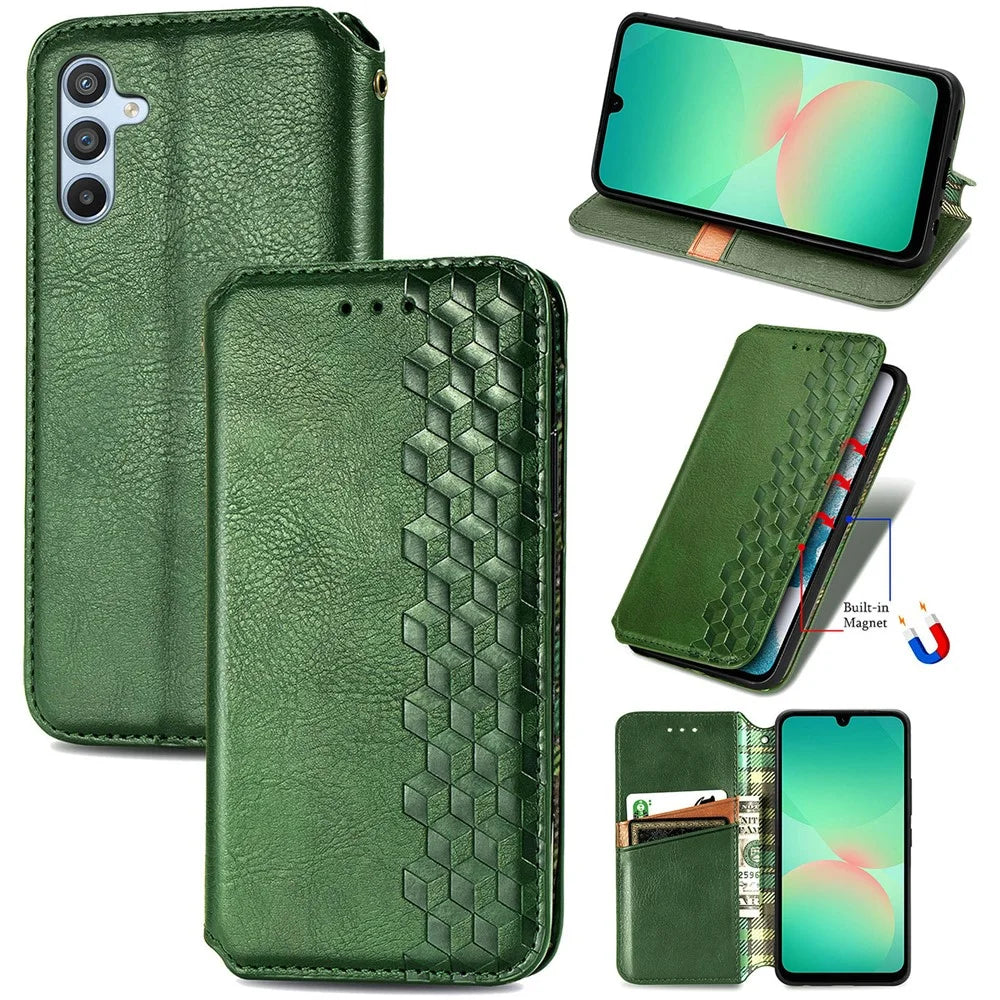 For Samsung Galaxy A26 5G Case Rhombus Imprint PU Leather Wallet Phone Cover - Green - 1