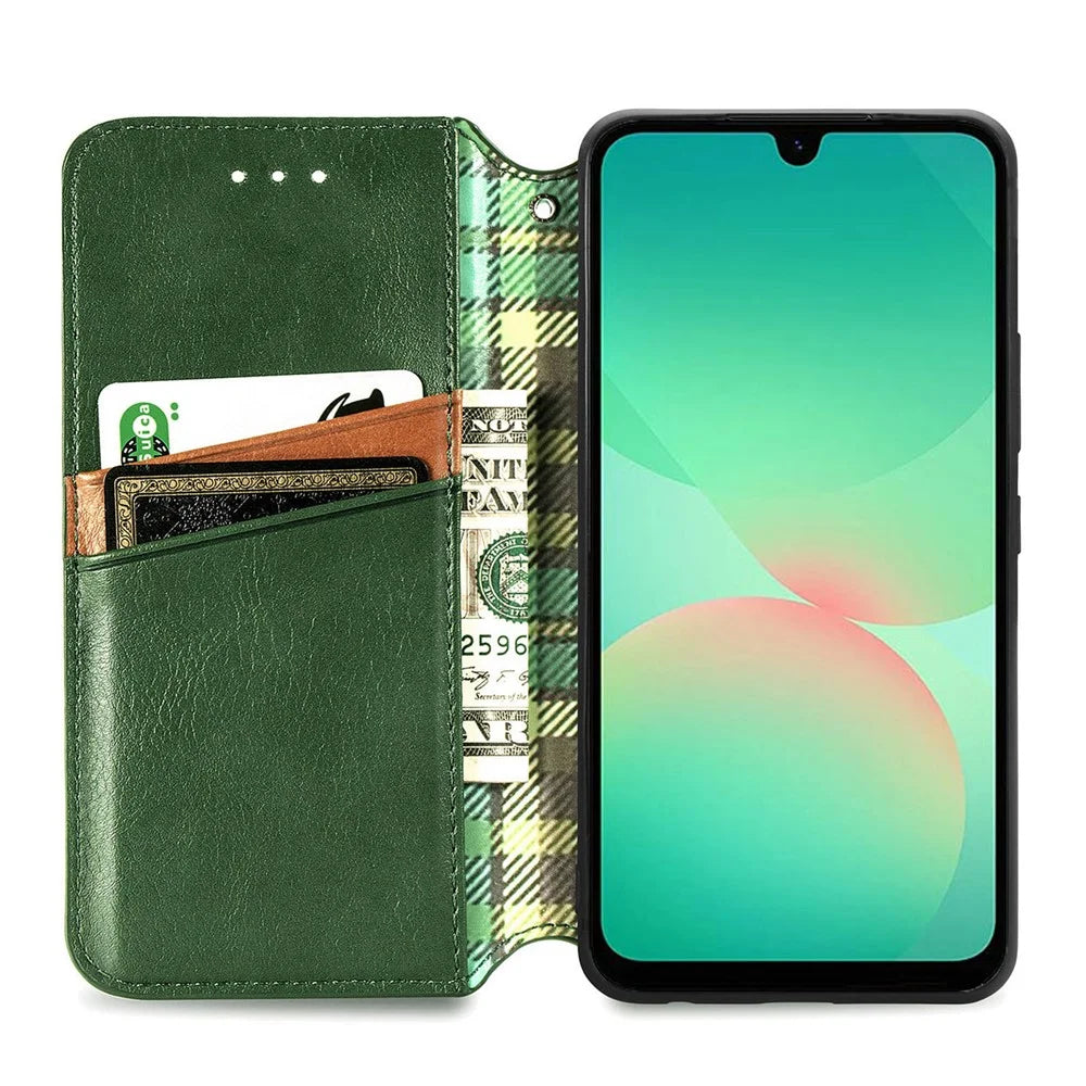 For Samsung Galaxy A26 5G Case Rhombus Imprint PU Leather Wallet Phone Cover - Green - 3